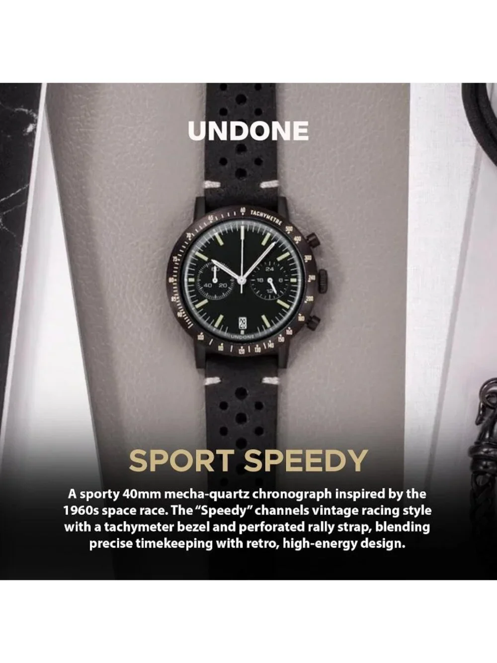 Undone Urban Collection Chronograph Mens Black Dial Black Racing Leather Strap A